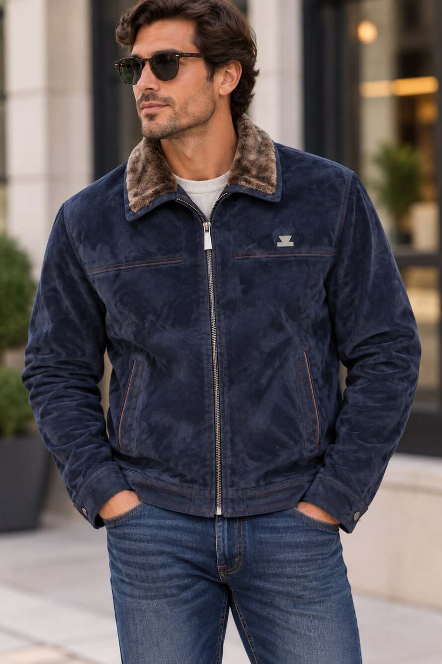 NWT Emporio & Co Navy Suede Look Faux Fur Collar Jacket Made Italy XL